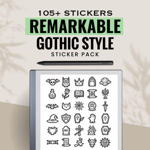 May include: A digital tablet displays a collection of black and white gothic-style stickers. The text "105+ Stickers" and "Remarkable Gothic Style Sticker Pack" are at the top. A black stylus rests above the tablet, showcasing various spooky icons.