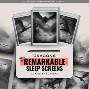 Könnte beinhalten: Eine digitale Sammlung von Sleep-Screens mit Drachenmotiven für das reMarkable-Tablet, inklusive eines schwarzen Eingabestifts und mehrerer Graustufen-Illustrationen von fliegenden Drachen, mit dem Text Made for REMARKABLE SLEEP SCREENS.