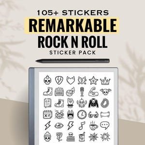 May include: A digital tablet displays a collection of black and white rock and roll themed stickers. The stickers include images of skulls, lightning bolts, musical notes, and other rock-related icons. The text "REMARKABLE ROCK N ROLL STICKER PACK" is displayed above the tablet.