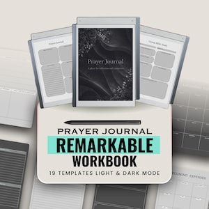 May include: A digital prayer journal workbook with a black stylus. The cover of the journal displays the words "Prayer Journal" and "A place for reflection and connection." The workbook includes 19 templates in light and dark mode.