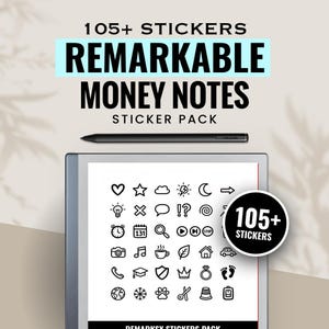 Puede incluir: Una tableta digital con un lápiz óptico negro y un paquete de pegatinas. La pantalla muestra varios iconos en blanco y negro, incluyendo corazones, estrellas y bocadillos. El texto dice "REMARKABLE MONEY NOTES STICKER PACK" y "105+ STICKERS."