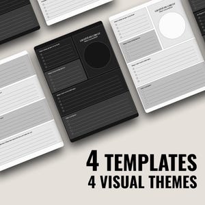 May include: Four rectangular planner templates featuring sections titled Gratitude Circle, What's taking up space in my head, Things I keep circling back to, Things I don't need to hold today, and Make I can ignore, presented in four distinct visual themes.