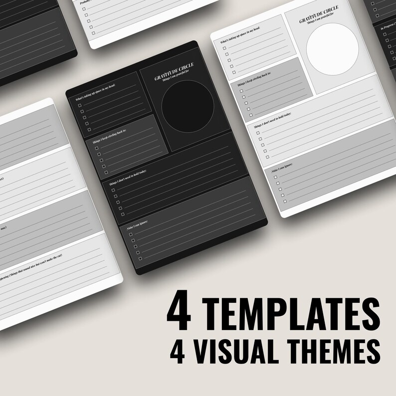 May include: Four rectangular planner templates featuring sections titled Gratitude Circle, What's taking up space in my head, Things I keep circling back to, Things I don't need to hold today, and Make I can ignore, presented in four distinct visual themes.