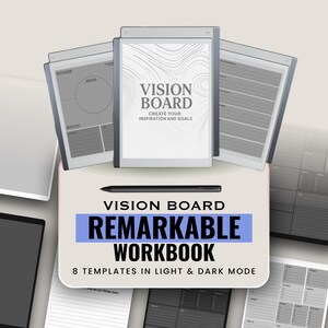Puede incluir: Un cuaderno de trabajo digital con el texto "Vision Board" y "Remarkable Workbook". La imagen muestra una tableta con un lápiz óptico y varias plantillas. El cuaderno de trabajo incluye 8 plantillas en modo claro y oscuro para crear inspiración y metas.