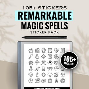 Pode incluir: Um tablet digital com uma caneta stylus apresentando um pacote de adesivos intitulado 105+ STICKERS REMARKABLE MAGIC SPELLS. A tela exibe uma grade de ícones em arte linear preta e branca, incluindo um caldeirão e vários símbolos místicos.
