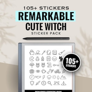 Pode incluir: Um pacote de adesivos digitais para tablets Remarkable com mais de 105 ícones de arte linear em preto e branco, incluindo um chapéu de bruxa, caldeirão, bola de cristal, gato e elementos naturais, exibido em uma tela com uma caneta stylus.