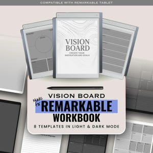 May include: A digital vision board workbook compatible with Remarkable tablets, featuring eight templates in light and dark modes. The display shows a central page titled Vision Board with topographic lines, surrounded by various layout pages and a stylus.