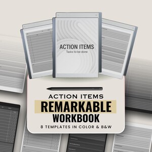 Könnte beinhalten: Ein digitales Arbeitsbuch für das Remarkable Tablet mit dem Text "ACTION ITEMS" und "REMARKABLE WORKBOOK". Das Cover zeigt ein minimalistisches Design mit den Worten "Tasks to be done". Enthält 8 Vorlagen in Farbe und Schwarzweiß.