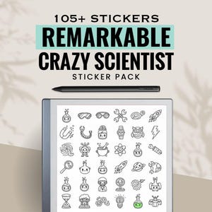 Może przedstawiać: Cyfrowy tablet wyświetla kolekcję czarno-białych naklejek o tematyce naukowej. Tekst powyżej brzmi "105+ naklejek, Remarkable Crazy Scientist Sticker Pack". Czarny rysik spoczywa nad tabletem.