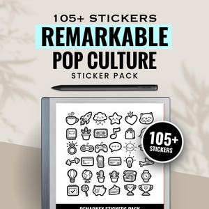Op de afbeelding: Een digitale tablet met een zwarte stylus en een stickerpakketontwerp. Het stickerpakket bevat verschillende popcultuur-iconen, met de tekst "REMARKABLE POP CULTURE STICKER PACK" en "105+ STICKERS".