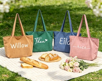 Personalized Corduroy Tote Bag, Custom Name Beach Bag, Bridesmaid Gift
