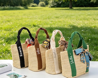Custom Straw Beach Bag, Personalized Name Strap Tote, Bridesmaid Bachelorette Gift