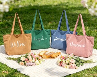 Personalized Corduroy Tote Bag, Custom Name Weekender, Bridesmaid Gift, Dusty Pink Bag