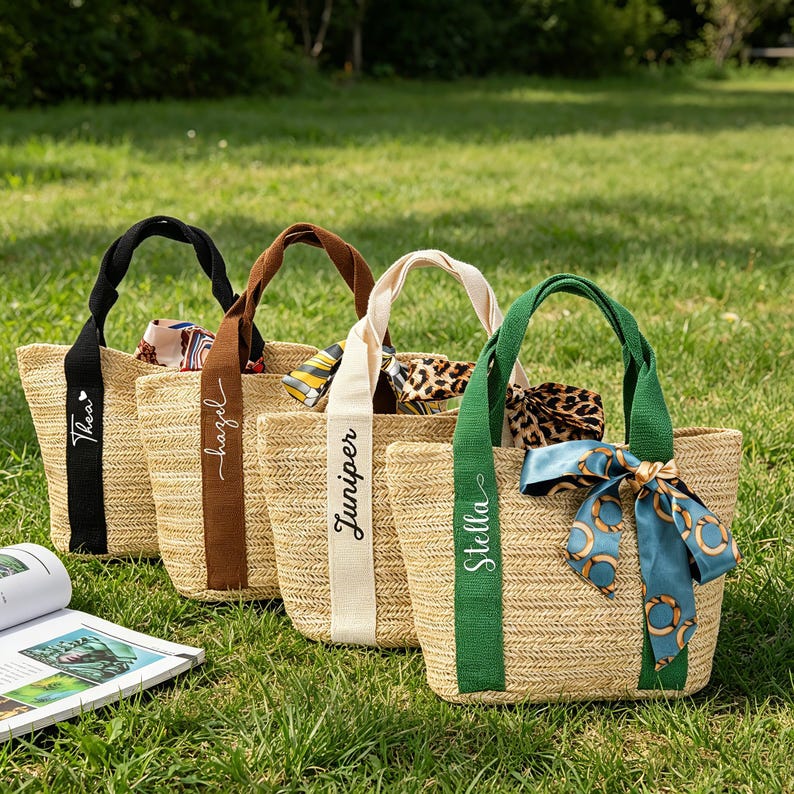 May include: Four woven straw tote bags with different colored handles and personalized name tags. Each bag has a decorative scarf tied to the handle. The names on the tags are Thea, hazel, Juniper, and Stella.