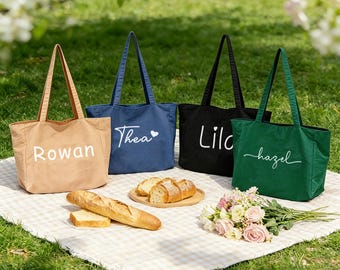 Personalized Canvas Tote Bag, Custom Name Beach, Bridesmaid Gift, Girls Trip