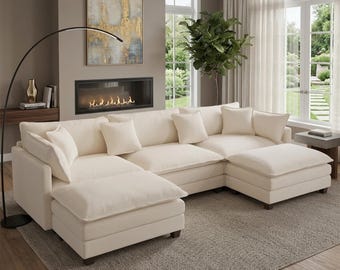 Sofá seccional de lujo extragrande con otomana, sofá tipo nube profunda, sala de estar de diseño moderno.