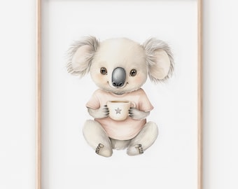 Baby Koala Watercolor Nursery Art Print, Boho Kids Room (Digital Download)
