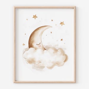 Stampa acquerello con nuvola e luna crescente – Arte murale minimalista boho per la cameretta dei bambini (download digitale)