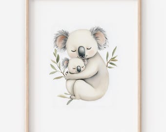 Koala Mother and Baby Watercolor Print – Nursery Wall Art (Digital)