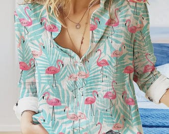 Vibrant Flamingo Pattern Women's Blouse, Slub Linen Look Casual Shirt, Tropical Summer Vacation Button Up Top, Pink Bird Lover Gift