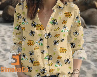 Cute Honey Bee Women's Blouse, Slub Linen Look Casual Shirt, Garden Nature Pattern Button Up Top, Gift for Bee Lovers