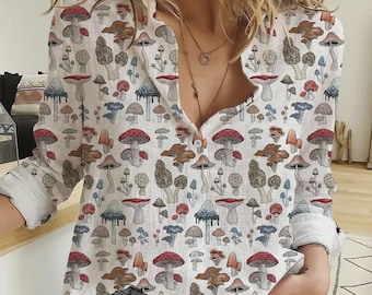 Boho Mushroom 3D All Over Print Women's Blouse, Slub Linen Look Casual Shirt, Cottagecore Aesthetic Button Up Top, Gift for Her