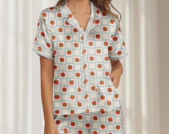 Tomato Girl Aesthetic Satin Pajama Set, Retro Postage Stamp Sleepwear, Cute Red Fruit Short Pjs, Summer Loungewear Gift for Her