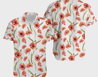 Red Poppy Flower Hawaiian Shirt, Botanical Floral Tropical Aloha Button Up