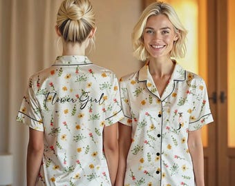 Personalized Floral Print Womens Pajamas, Monogrammed Holiday Satin Pjs, Bridesmaid Proposal Pajama Set, Custom Name Gift