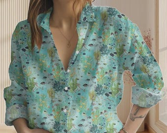 Ocean Fish Print Blouse, Sea Life Pattern Shirt, Nautical Coral Reef Linen Look Top, Marine Biology Lover Gift, Coastal Summer Beach Wear