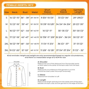 May include: Size chart for female shirts, including measurements for neck, bust, waist, short sleeve, long sleeve, and garment length in inches. Sizes range from S to 3XL. Includes diagrams for shoulder, bust, sleeve, and length measurements.