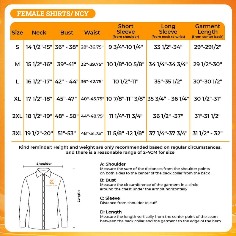 May include: Size chart for female shirts, including measurements for neck, bust, waist, short sleeve, long sleeve, and garment length in inches. Sizes range from S to 3XL. Includes diagrams for shoulder, bust, sleeve, and length measurements.