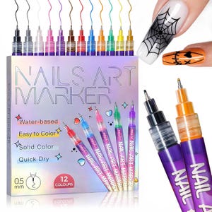 May include: A set of 12 nail art markers in various colors, with a 0.5 mm tip. The box features the text "NAILS ART MARKER", "Water-based", "Easy to Color", "Solid Color", and "Quick Dry". The image also shows nail art designs.