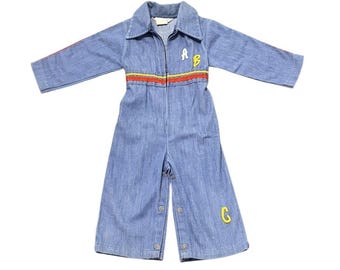 Mono vaquero vintage Good Lad para niño pequeño, estilo años 70, con cremallera, talla 12 M, rayas azules.