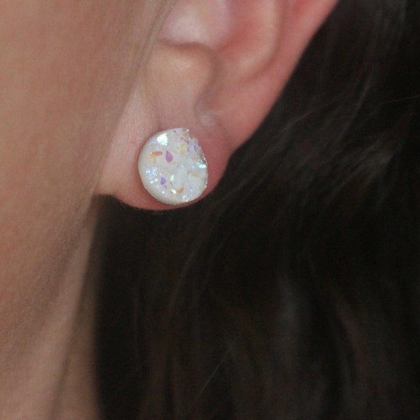 White Druzy Post Earrings, White Druzy Earrings, White Pink Glitter Earrings, White Druzy Stud Earrings, Stainless Steel Jewelry