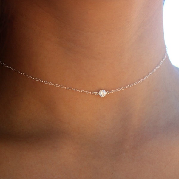 Sterling Silver Crystal Choker Necklace, Sterling Silver Choker Necklace with Stone, Small Solitaire Necklace Dainty Silver Crystal Necklace