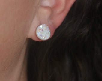 White Druzy Stainless Steel Post Earrings