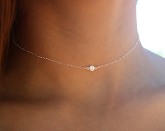 Sterling Silver Crystal Choker Necklace, Sterling Silver Choker Necklace with Stone, Small Solitaire Necklace Dainty Silver Crystal Necklace