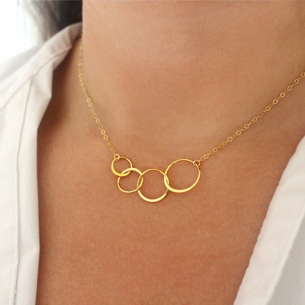 Collier quatre cercles, collier infini en or, collier de famille en or pour mère, collier quatre anneaux, collier de famille, collier cercle lié