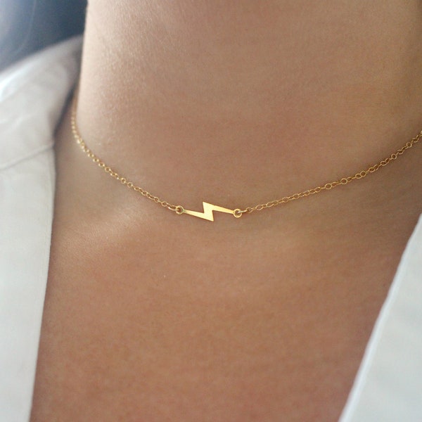 Gold Lightning Bolt Necklace, Gold Choker Necklace, 14k Gold Filled Necklace, Dainty Gold Sideways Necklace, Lightning Bolt Charm Necklace