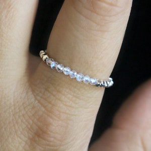 Rainbow Moonstone Ring, Sterling Silver Moonstone Ring, Beaded Silver Ring, Thin Dainty Silver Ring, Silver Rainbow Gemstone Stacking Ring