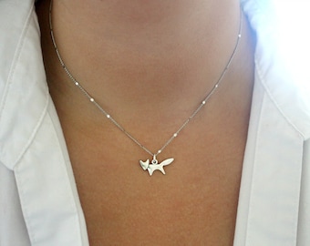 Starlit Silver Fox Necklace, Dainty Silver Necklace for Women, Bar Chain Necklace, Silver Fox Necklace for Women, Animal Charm Necklace