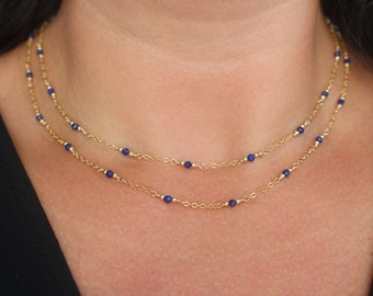 Gold Lapis Lazuli Necklace, Gold Gemstone Station Necklace, Dainty Lapis Necklace, 14k Gold Filled Lapis Jewelry, Deep Blue Beaded Necklace