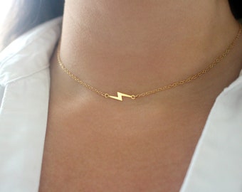 Gold Lightning Bolt Necklace, Gold Choker Necklace, 14k Gold Filled Necklace, Dainty Gold Sideways Necklace, Lightning Bolt Charm Necklace