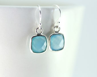 Gemstone dagger earrings triangle bezel set gemstone earrings Aqua Chalcedony Earrings silver flower earrings Art Deco flower earrings