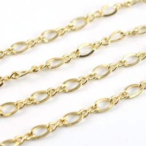 May include: Gold chain with a delicate, oval-shaped link design. The chain is made of metal and has a shiny finish.
