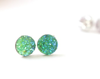 Green Glitter Earrings, Grass Green Druzy Stud Earrings, Green Druzy Earrings, Druzy Post Earrings, Small Stainless Steel Earring Posts