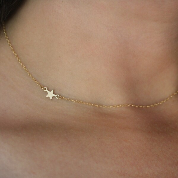 Floating Gold Star Necklace, Gold Sideways Necklace, Tiny Star Necklace, Dainty Gold Necklace, Short Gold Necklace, Small Star Necklace