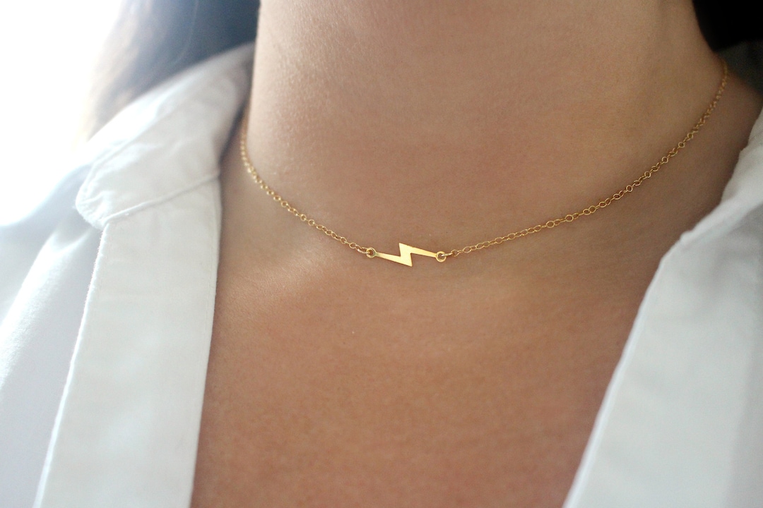 Gold Lightning Bolt Necklace Gold Choker Necklace 14k Gold Etsy