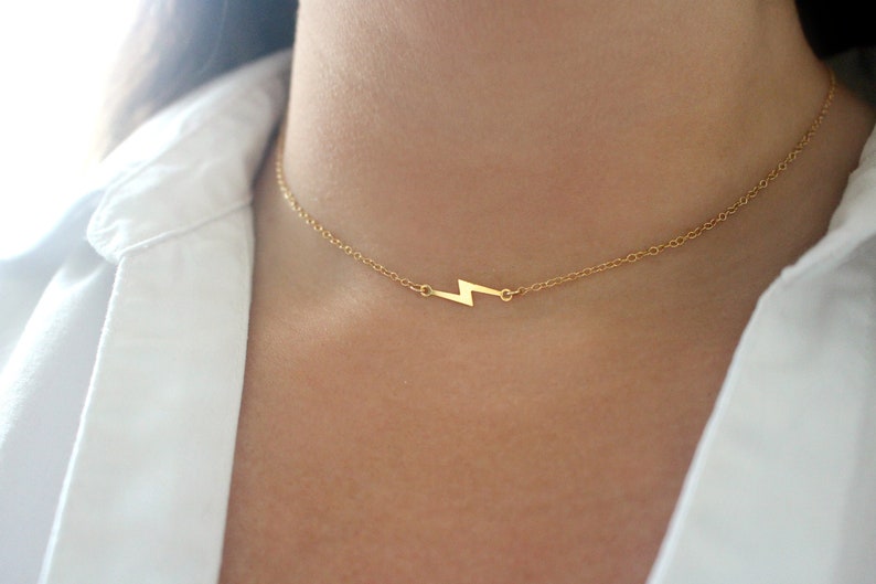 Gold Lightning Bolt Necklace, Gold Choker Necklace, 14k Gold Filled Necklace, Dainty Gold Sideways Necklace, Lightning Bolt Charm Necklace image 1